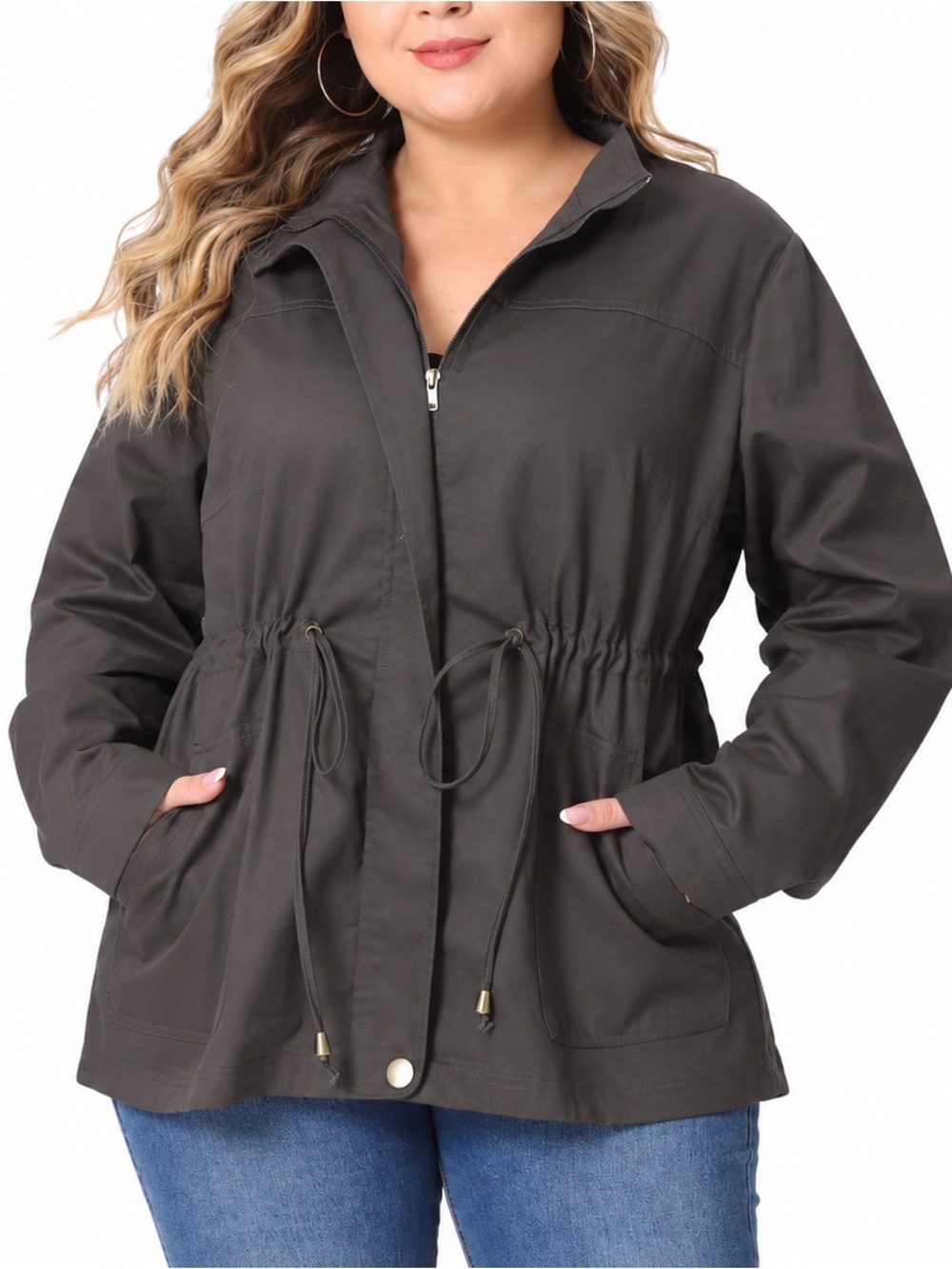 Agnes Orinda Plus Size Jacket Long Sleeve Drawstring Waist Anorak Coat 3X Grey